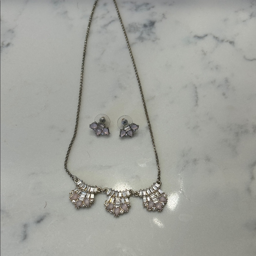 Elegant Silver and Pink Necklace and Earring Set